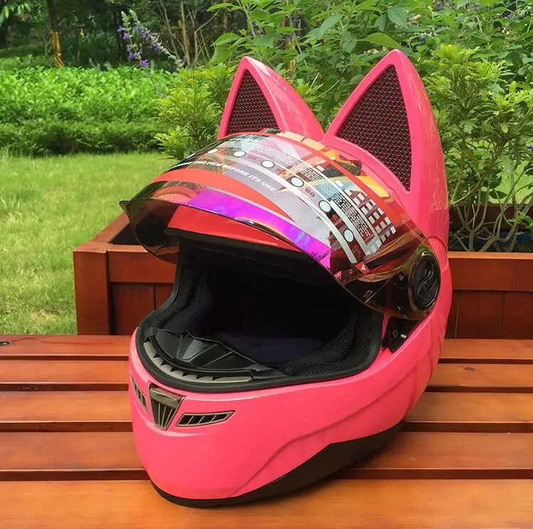Cat ears motorcycle helmet men s personality cool full face helmet locomotive anti-fog ladies cat ears pink helmet fast ship