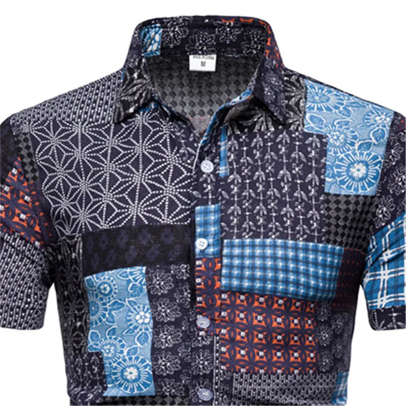 Свободные мужские рубашки с коротким рукавом, летняя одежда, Льняная блуза, 5XL, большой размер, Мужская блузка в стиле пэчворк, винтажная Мужская рубашка с цветочным рисунком