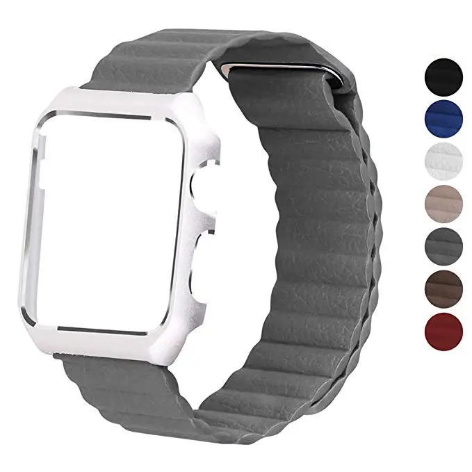 TORQUILA Leather Loop for Apple Watch Series 3/2/1 42mm 38mm Magnetic Bracelet Replacement Band With Metal Rubber Frame Case - Band Color: Grey