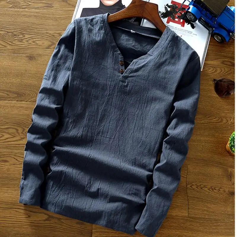Осенние мужские рубашки из хлопка и льна с длинным рукавом и воротником-стойкой, большие размеры M-6XL 7XL, Весенняя льняная блузка, черная, синяя, белая рубашка