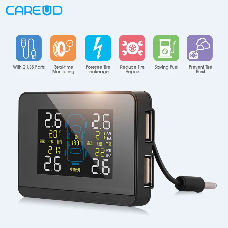 

Newest CAREUD U906C Car TPMS 2 USB Ports for SmartPhone Charge Wireless Tire Pressure Monitor System+4 Sensors