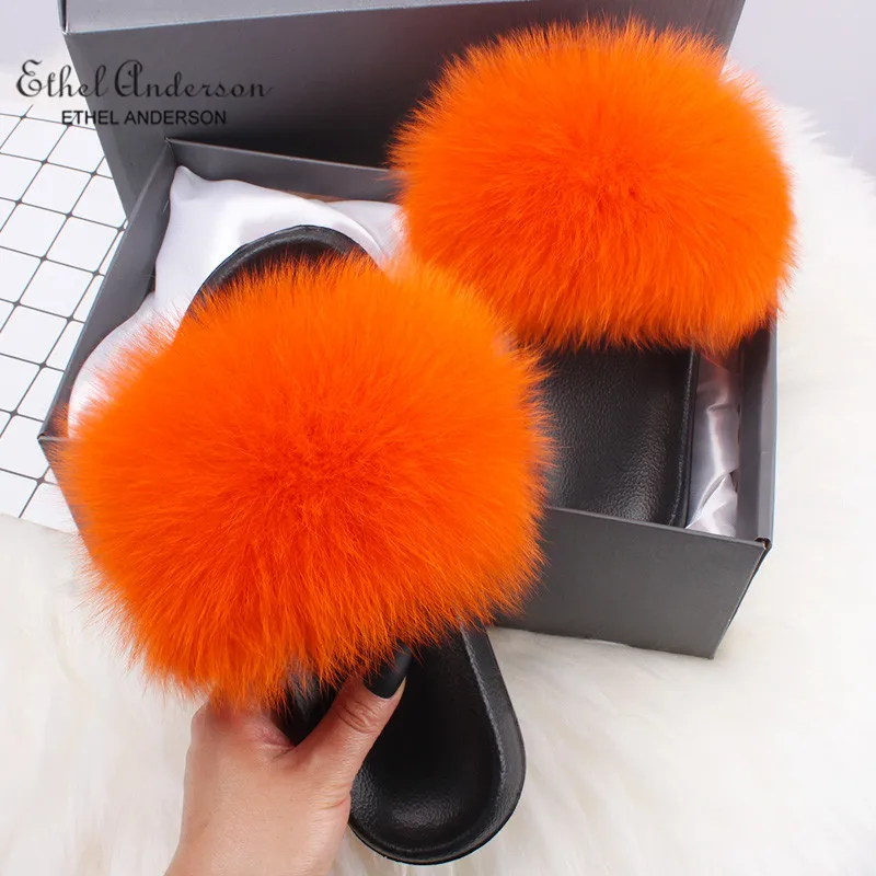 Top Selling Real Fur Slippers Slides Women Summer Plush Fox Flip Flops Holiday Fluffy Raccoon Fur Sandals Shoes