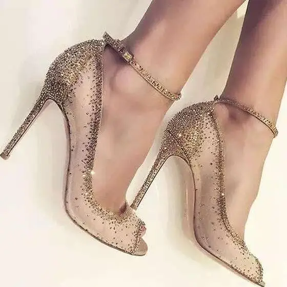 Charming Golden Glittering Crystal Stiletto Heels Pumps Fancy Mesh Lace Peep Toe Shoes Concise Women Line Buckle Style Shoes Women's Shoes