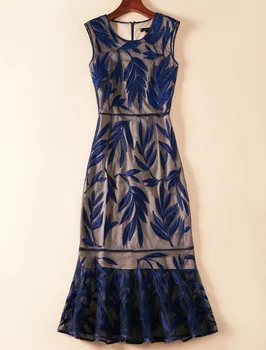 

New Women Lace Flower Embroidery Dress Fashion O-Neck Sleeveless Long Mermaid Dresses C3325