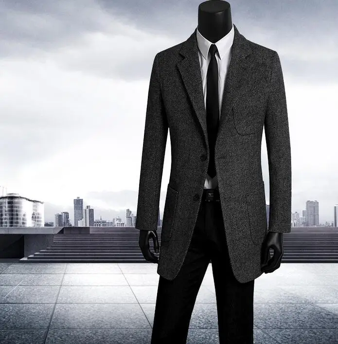 2017 autumn single breasted long wool coat men grey black slim trench coats mens overcoat casaco