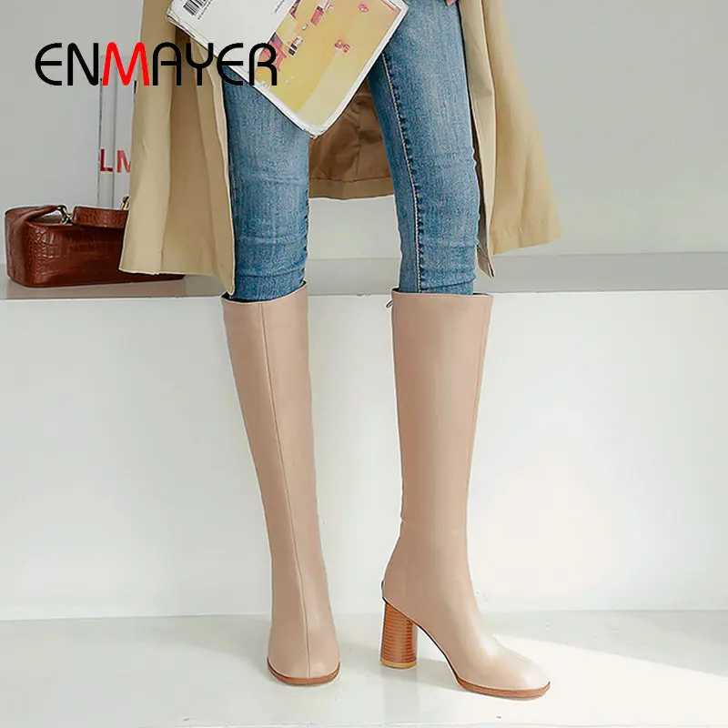 

ENMAYER Womens Winter Fashion 2019 Basic Round Toe Square Heel PU Knee-High Women Boots Short Plush Women Shoes Size 34-43