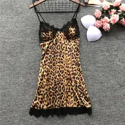 2019 LaMaxpa женские для Ночная сорочка и ночную рубашку нагрудники шелк кокетливое ночное белье с леопардовым принтом атласная ночная рубашка