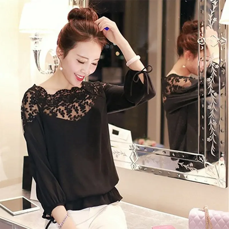 Casual Chiffon Long Sleeve Lace Black White Shirts Fashion Women Summer Loose Tops Blouse