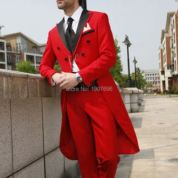 

Red Wedding Groom Man Tail coat for Men 2 Piece Double Breasted Jacket Pants with Black Peaked Lapel Men Suits