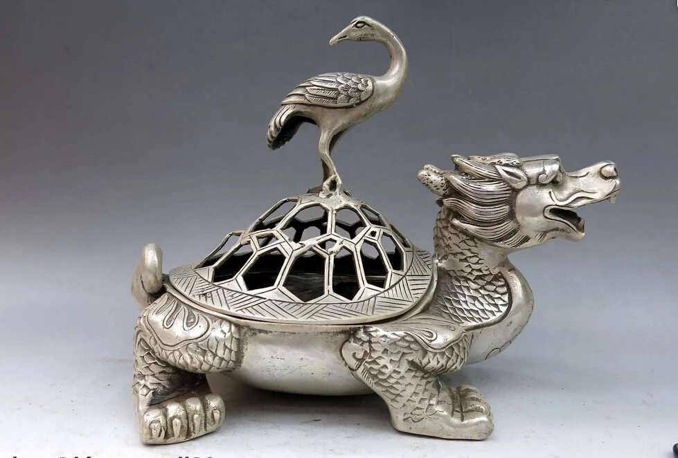 

7" China silver carved Red-crowned crane Dragon turtle Incense burner censer ST