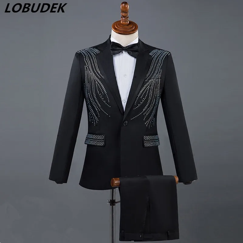 New Crystals Men's Suits Diamond Blazers Pants suit Vocal Concert Male