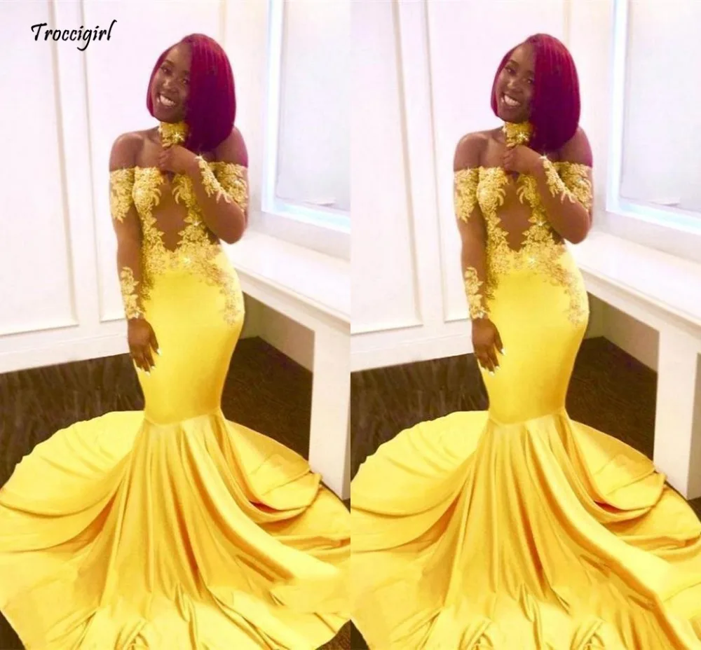 

Yellow African Mermaid Prom Dresses Long Lace Off Shoulder Long Sleeves See Through Sweep Train Formal Evening Party Wear