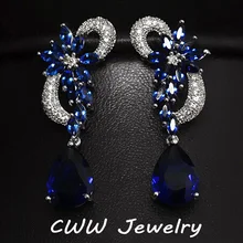 CWW Marca Oro Blanco Plateado Cubic Zircon Piedras Gota Largo Royal Blue Pendientes de Lujo Para Las Mujeres CZ234