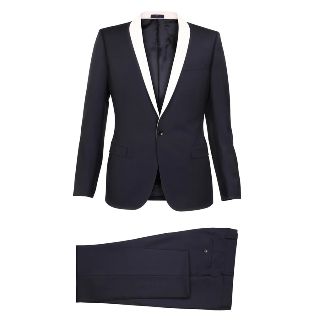 Handcrafted Navy Blue Wedding Suit for Men Personalized Shawl Lapel Tuxedo Contrast Lapel Formalwear For Grooms Black Tie Events