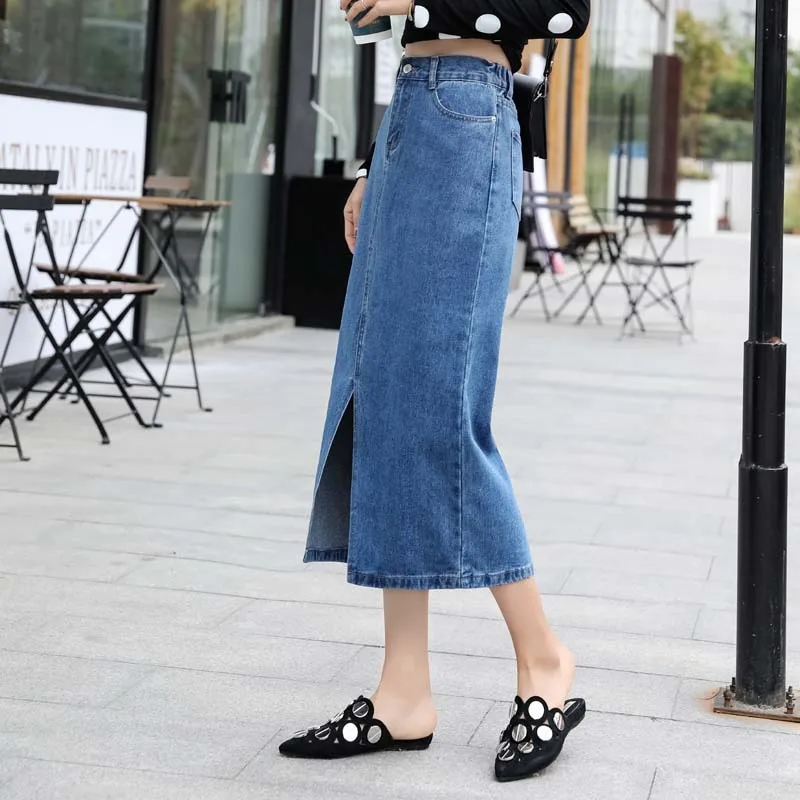 Women Plus Size Front Split Office Lady Straight Denim Skirts 7Xl 8Xl Spring Summer Mid Long Jeans Skirts Mid-Calf Mom Jeans