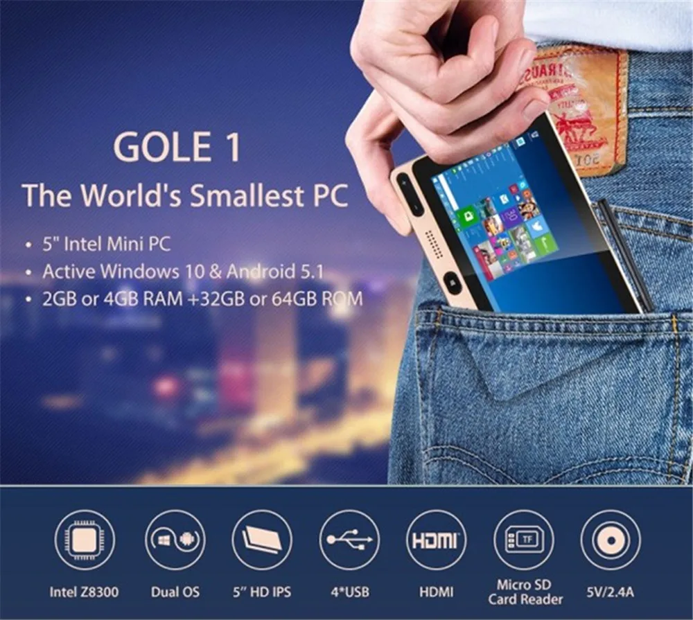 

GOLE1 5 inch Mini PC TV Box Intel Cherry Trail Z8300 Quad-core Windows 10 / Android 5.1 BT 4.0 2.4GHz / 5GHz WiFi Media Player