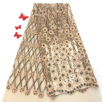 

Amazing gold 3D flower embroidery French net lace fabric for evening dress PNZ792(5yards/lot)