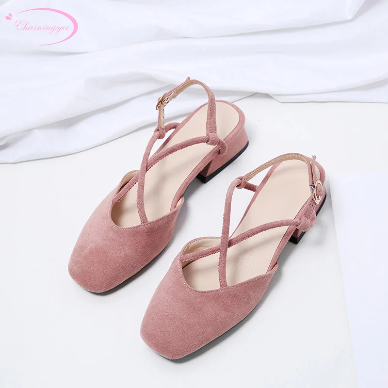 

Korea casual style comfortable round toe flock summer sandals buckle strap black pink beige thick medium with women's shoes