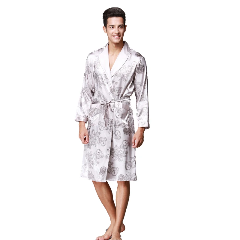 Men Long Sleeve Satin Dragon Silk Nightwear Bathrobes Bath Robe Summer New Kimono Robes Turn-Down Collsr Loose Causal Sleepwear