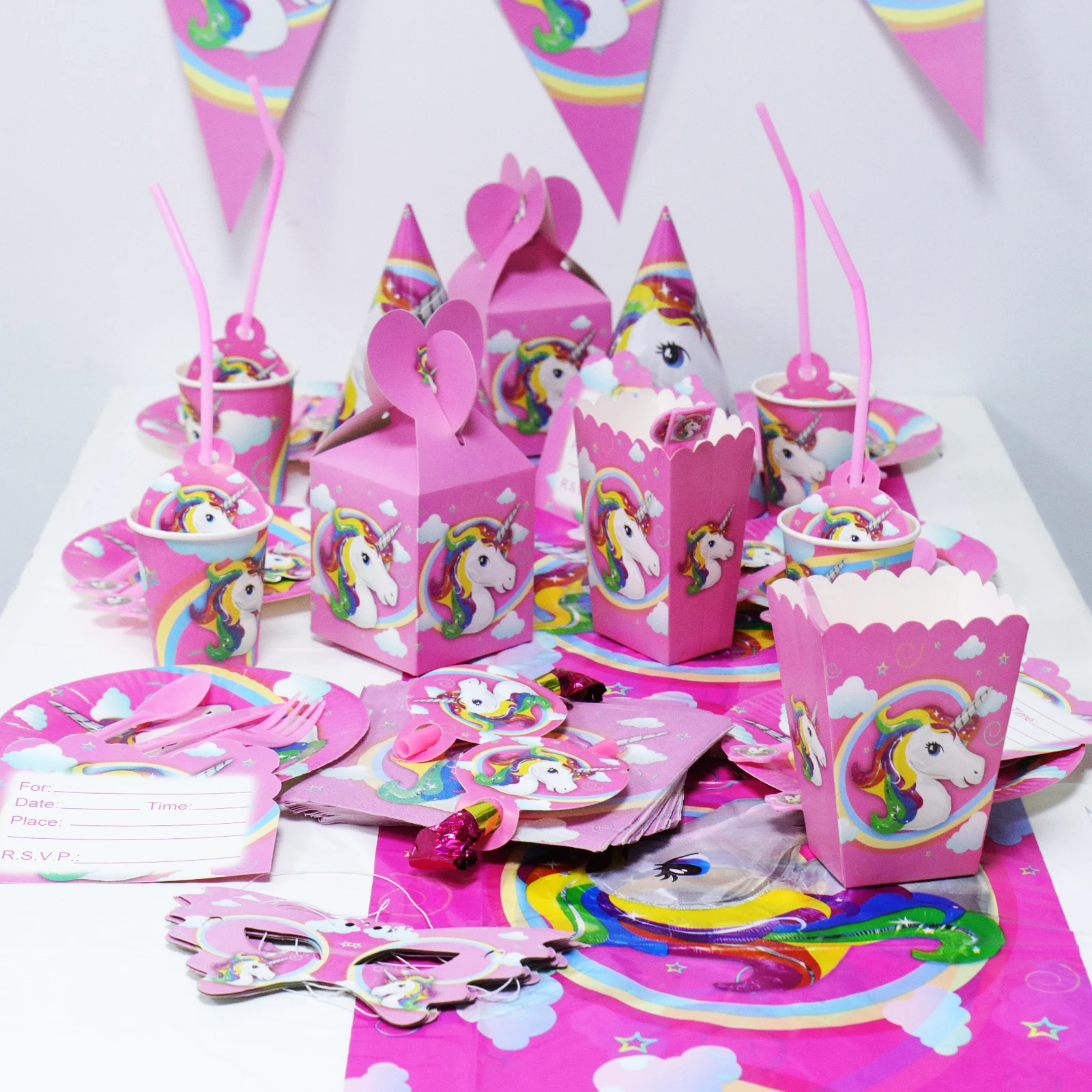 

Unicorn Series Children Party Supplies Candles Invitation Cards Flags Paper Banner Bunting Kids Birthday Party Baby Shower Event