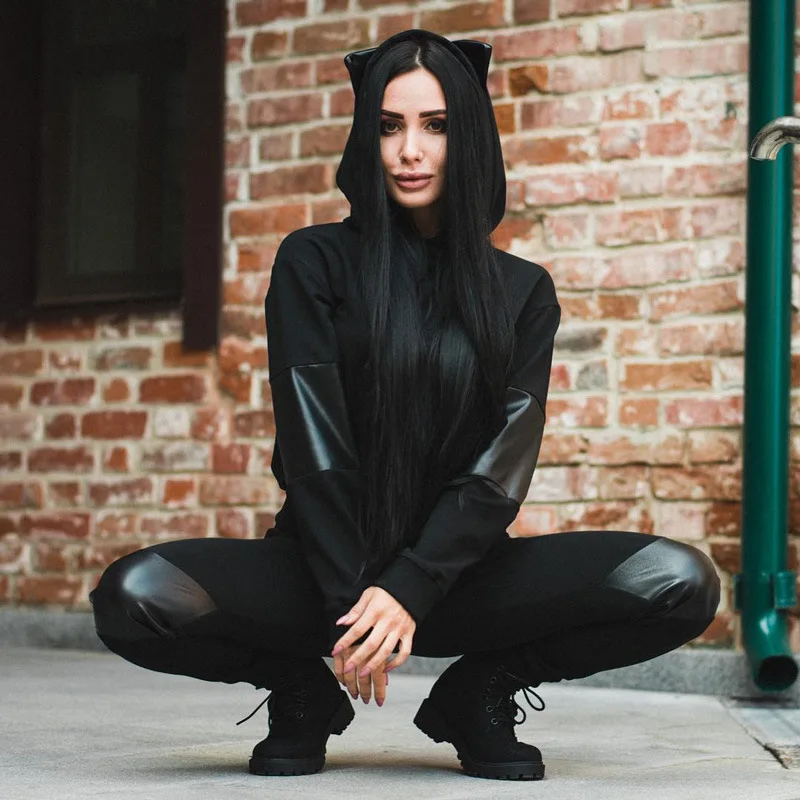 

Women Set Stitching PU leather 2 Pieces Suits Outfits Sexy Hooded Cat Ears Top and Long Pants Ladies Fashion Casual Two Piece