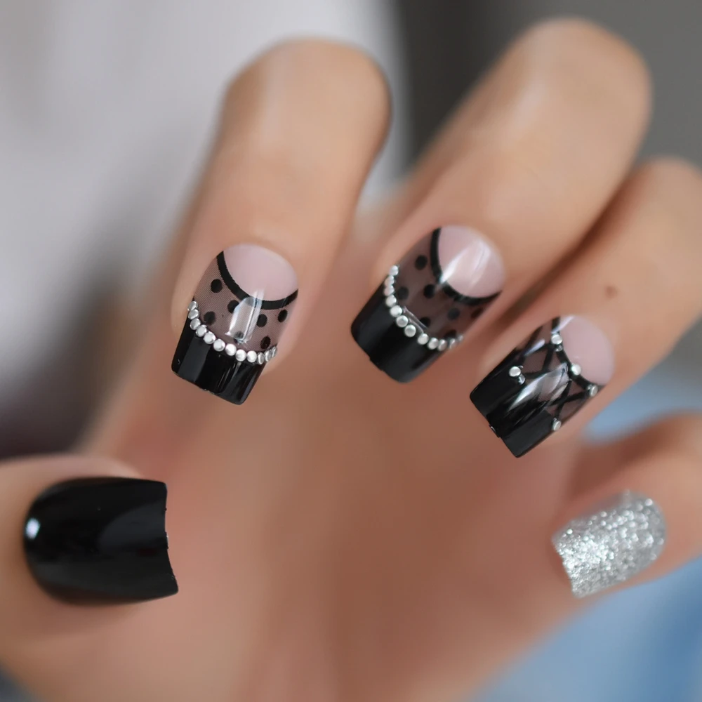 

Black Gray French False Nails Medium Acrylic Silver Glitter Full Artificial Press on Nails Tips Pattern Nep Nagels Faux Ongles