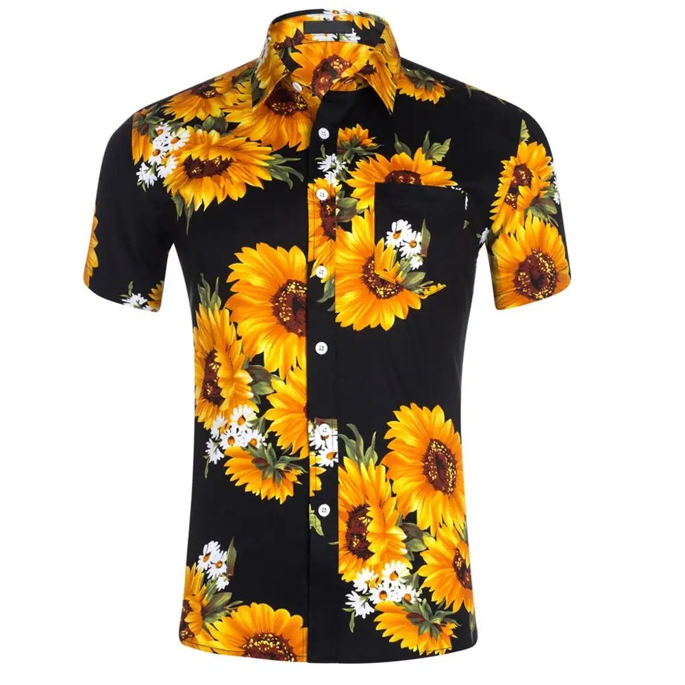 Летняя мужская блузка Гавайские рубашки с коротким рукавом плюс размер Модный 3D принт подсолнечника мужские рубашки Camisa Social Прямая c