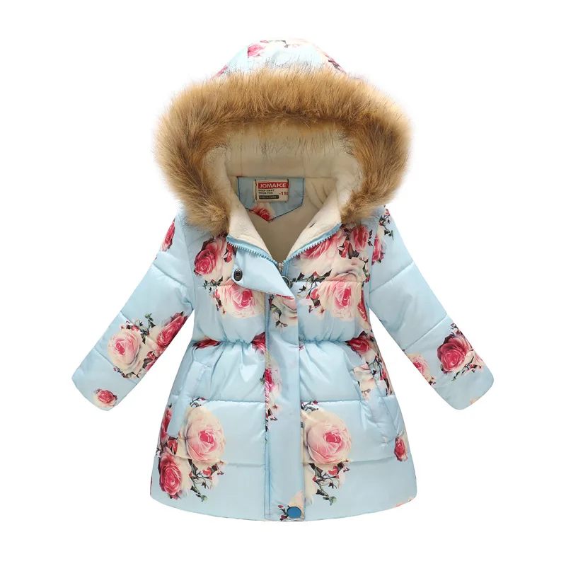 Зимнее Модное теплое хлопковое детское длинное пальто с принтом; куртки с меховым воротником для маленьких девочек; детская верхняя одежда для От 3 до 12 лет