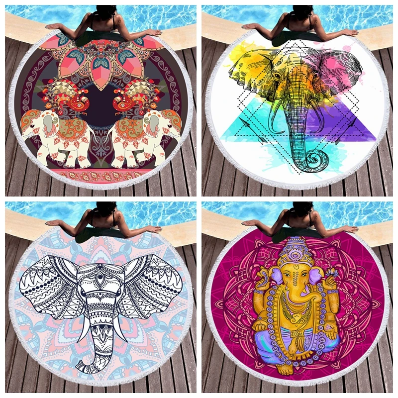 

Microfiber Elephant Summer Round Beach Towel With Tassel India Mandala Adults Yoga Mat Bath Towel Tapestry Picnic Travel Blanket