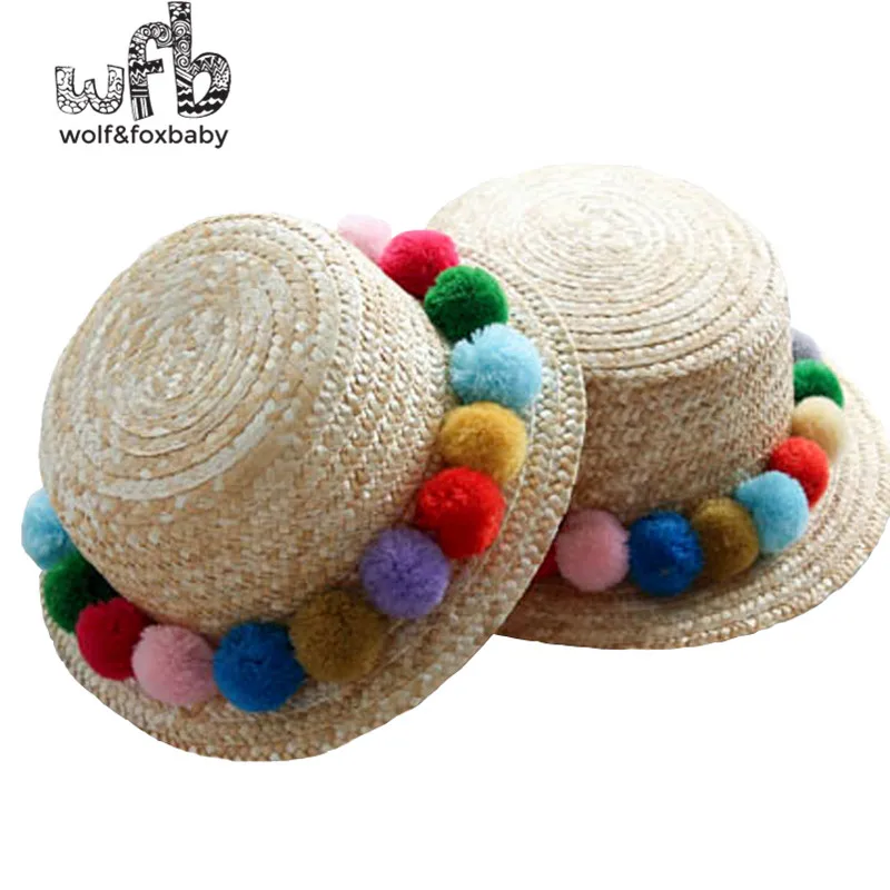 

Retail 52-54CM round sun hat girl wild child color ball straw flattened straw hat summer autumn fall winter