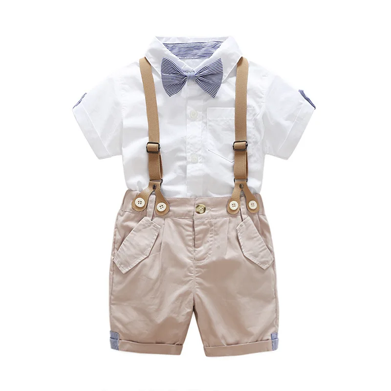 

2018 Baby Boy Clothing Fashion Gentleman Modelling Suit Baby Bow Tie Short-sleeved T-shirt+Strap Pants 2/Pcs Baby Boy Clothes