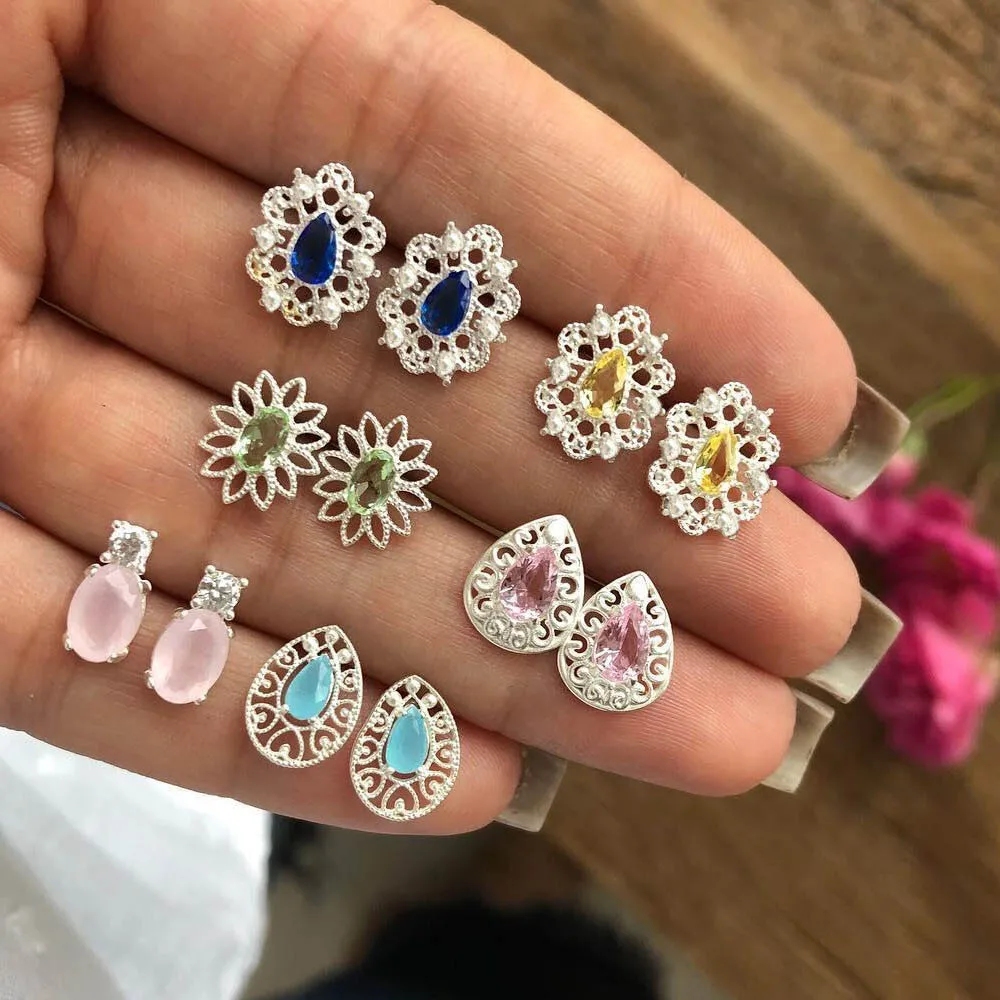 

6 pairs / set crystal earrings simple hollow flower small earrings set earrings for women wedding jewelry A306