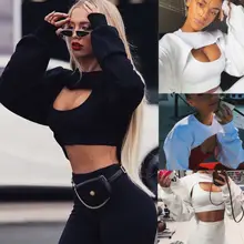 Новинка, Модный женский топ с длинным рукавом, с вырезами, Одноцветный, укороченный топ, сексуальный, неровный, Ранняя осень, толстовка, топы