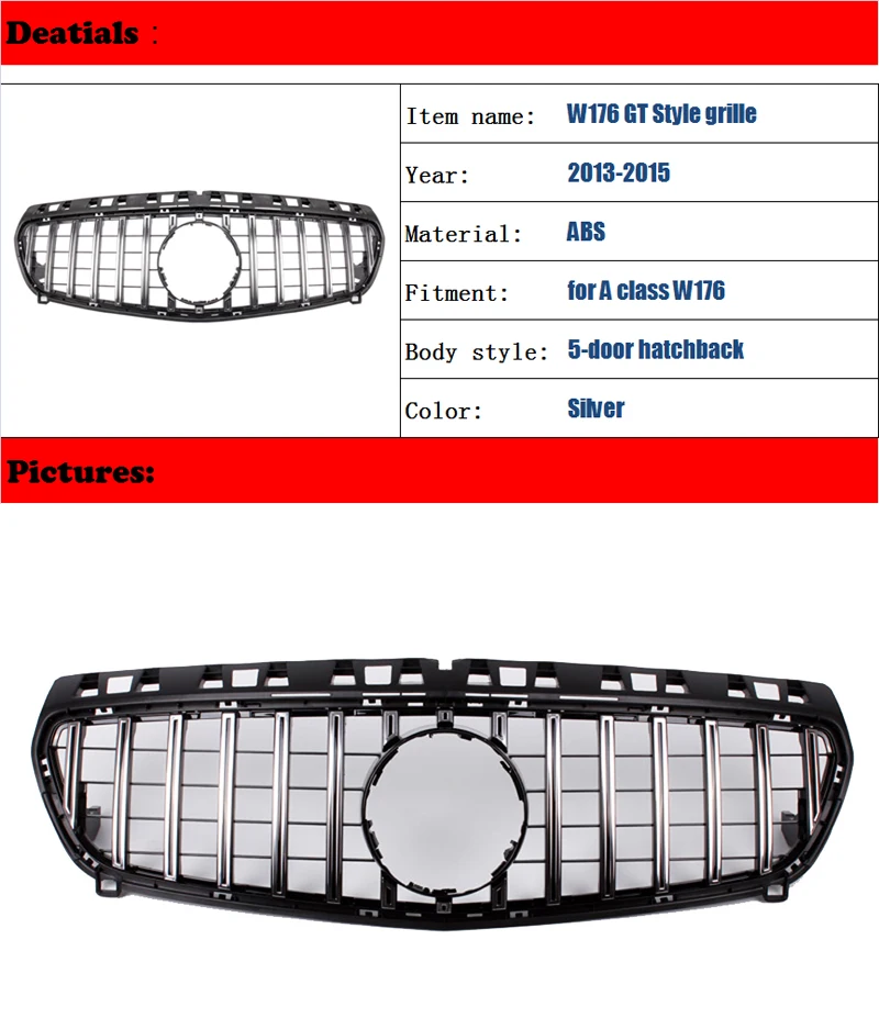 W176 GT GTR стиль Решетка переднего бампера для Mercedes W176 класс 2013 A180 A200 A45 AMG Серебристая решетка