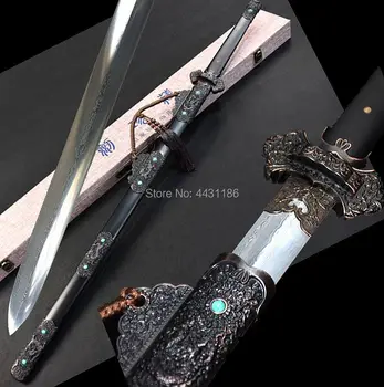

Hndmade Chinese WuShu Sword Tang Dragon Swords Jian Double edge Sharp Damascus Folded Steel Blade Asian Battle Knife