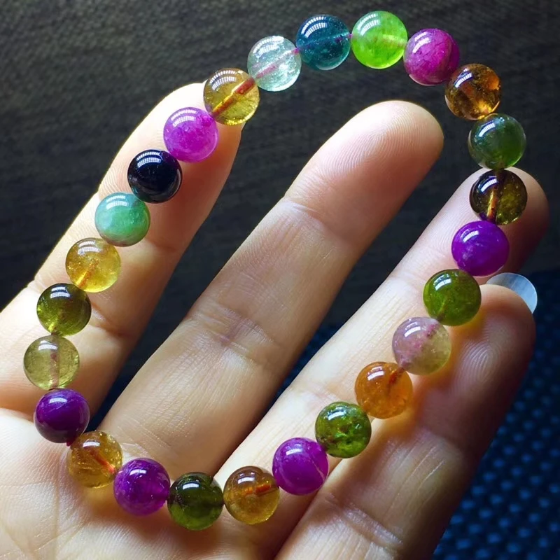 

Genuine Natural Colorful Tourmaline 7.5mm Round Beads Bracelets Woman Man Top Quality Reiki Stone Healing AAAA