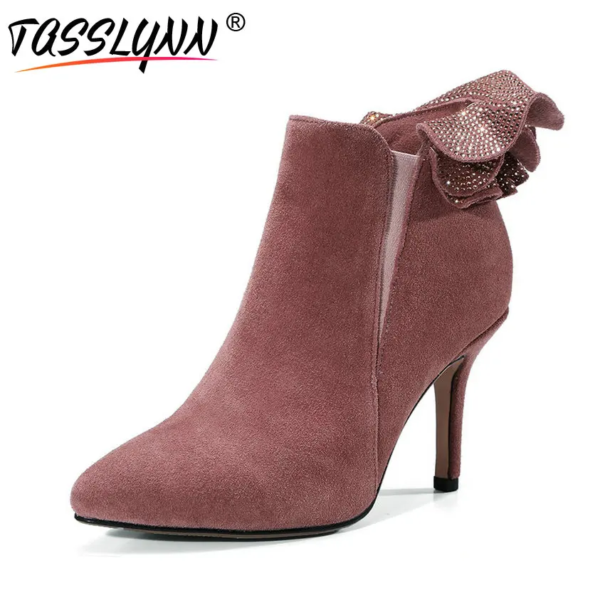 

TASSLYNN 2018 Thin Heels Women Boots Cow Suede Autumn Shoes High Heels Slip on Crystal Pointed Toe Ankle Boots Women Shoes 34-40