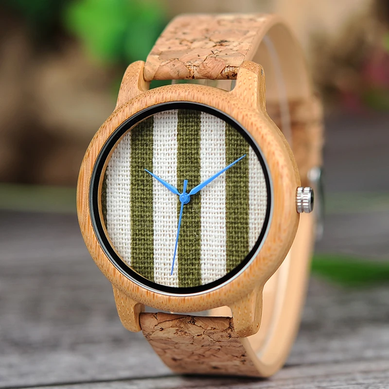 BOBO BIRD Cloth Dialplate Bamboo Wood Watch for Men Leather Strap Japan Quartz Wood Watches Women as Fashion Accessories