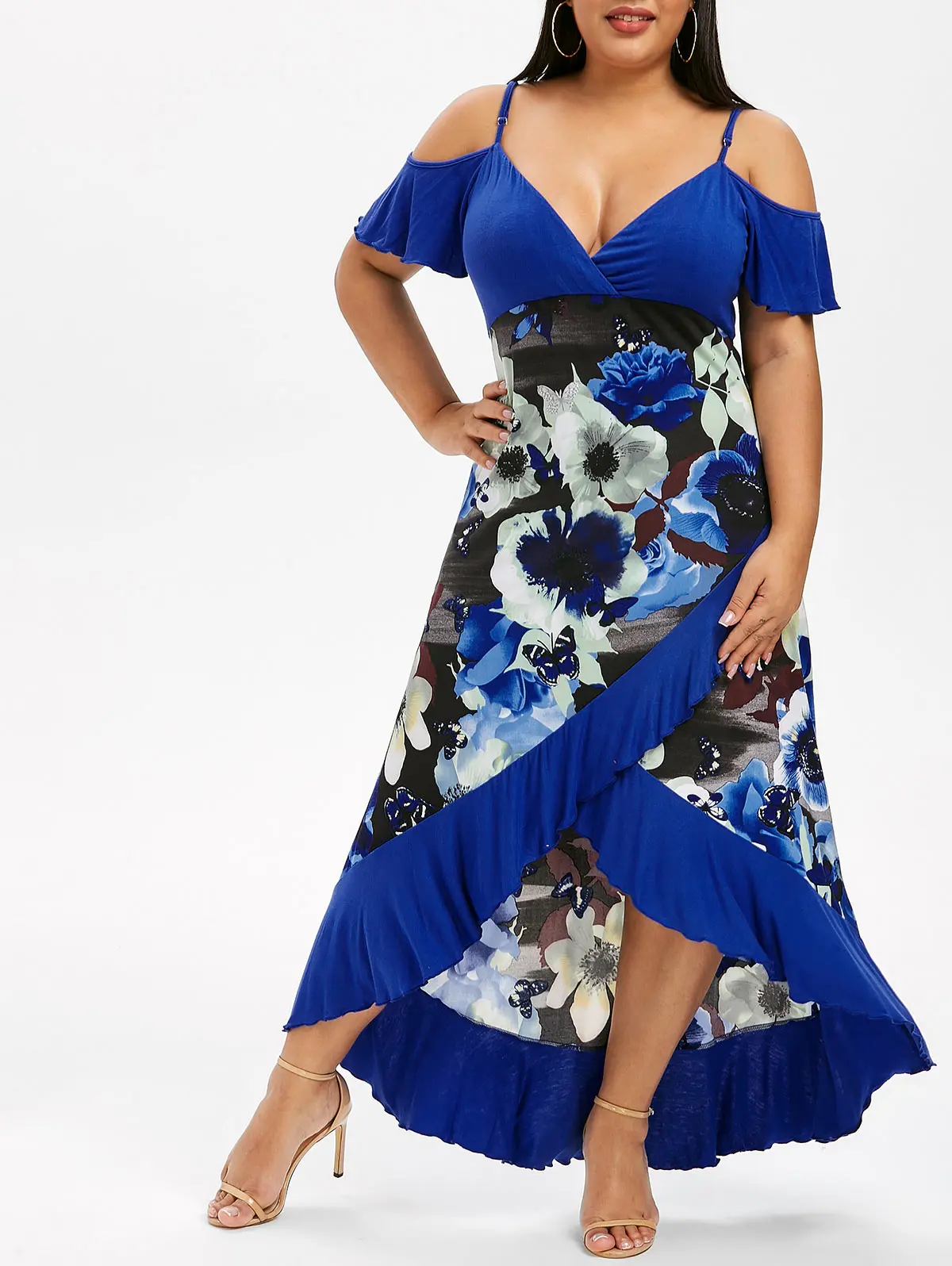 Wipalo размера плюс, модное платье с открытыми плечами, с цветными блоками, с воланом, с высокой талией, с рюшами, на тонких бретелях, длиной до щиколотки, летнее платье, 5XL - Цвет: Deep Blue