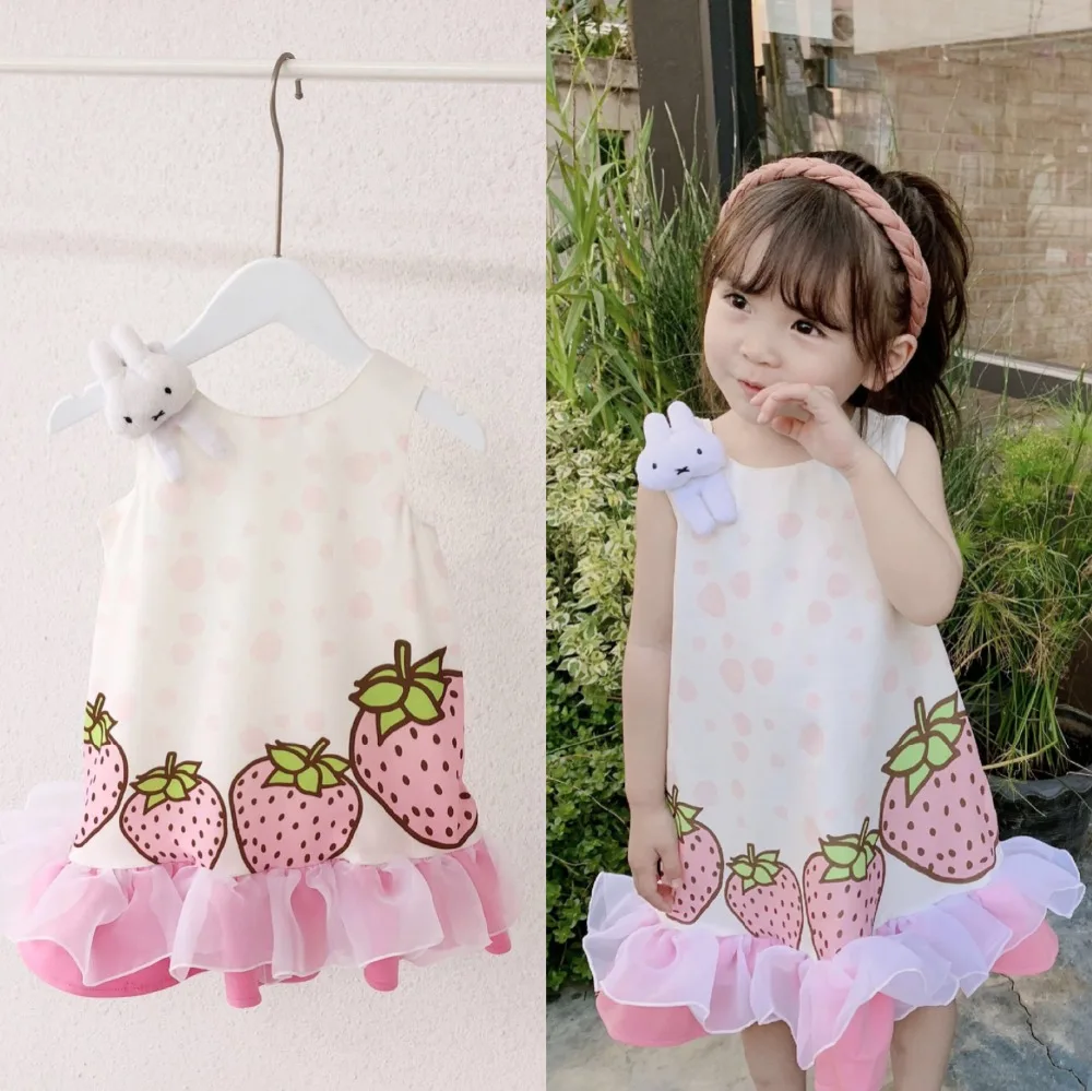 

Girls summer clothes princess kids girls dresses rabbit 3D strawberry pattern printed sleeveless kids dress