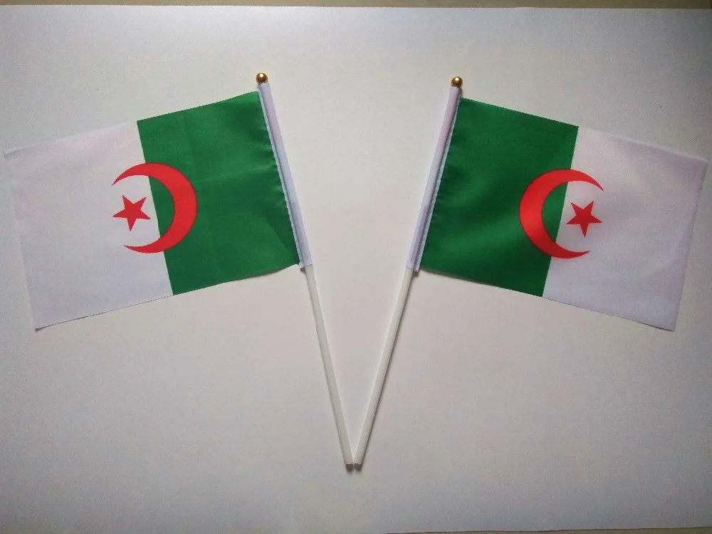 

Wholesale Hand wave banners Algerian National flags polyester materials with pole 14*21 cm