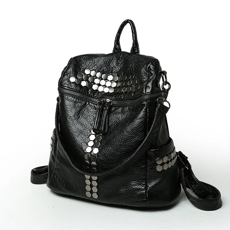 

Pu Leather Women Rivet High Capacity Soft Black Backpack Fashion Female Big Double Shoulder Bag for Students Preppy Style