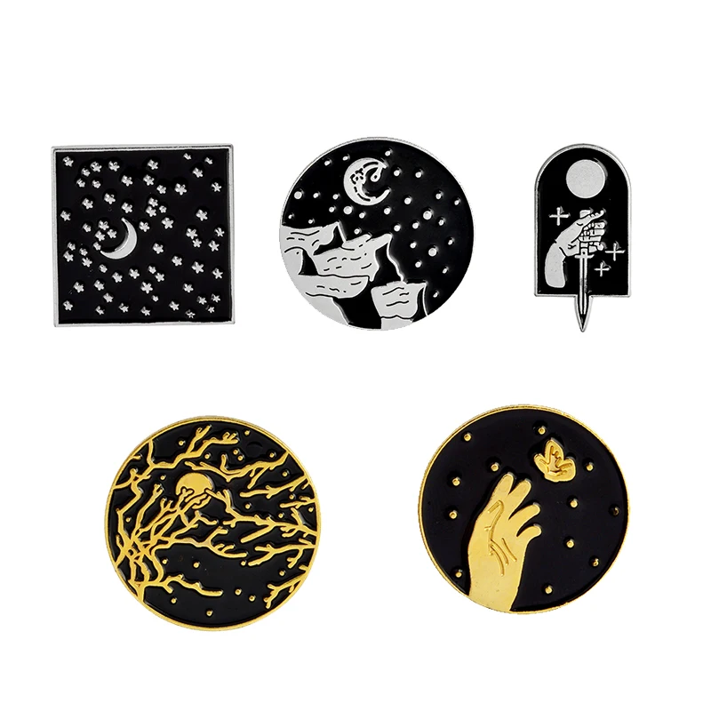 

Golden / silver Geo Dark Pins Star Moon Mountain Enamel pins Hard enamel pin Brooches Men Women fashion Jewelry