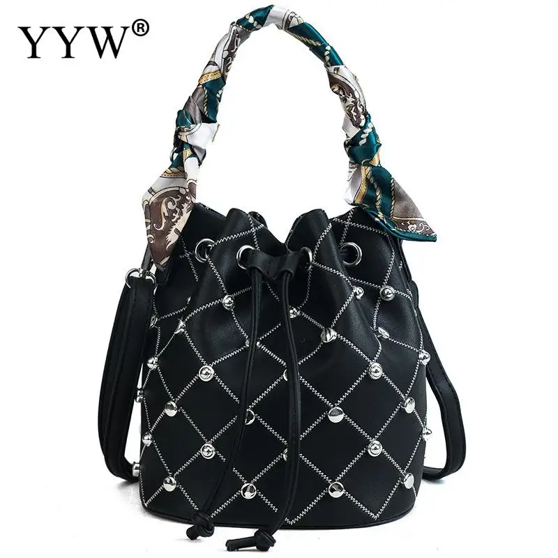 

2019 New Fashion Rivet Bucket Bag Women Wedding Handbag With Silk Scarf Korean Style Drawstring Lady Bag White Shoulder Bags