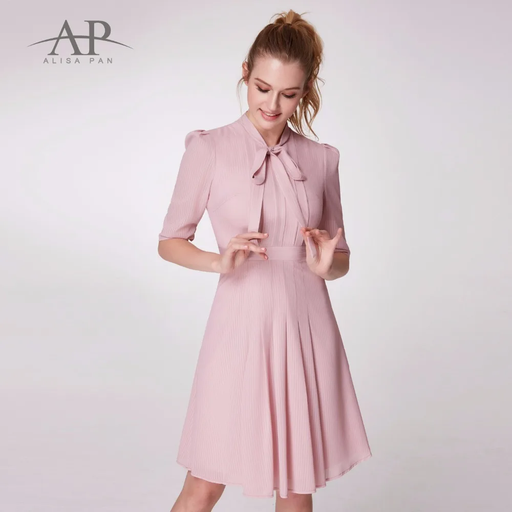 

Autumn 2018 Pink Dress Women Vintage Casual Dress A Line Elegant Half Sleeve Pleated Bow Loose Party Regular Slim Dress AS05966