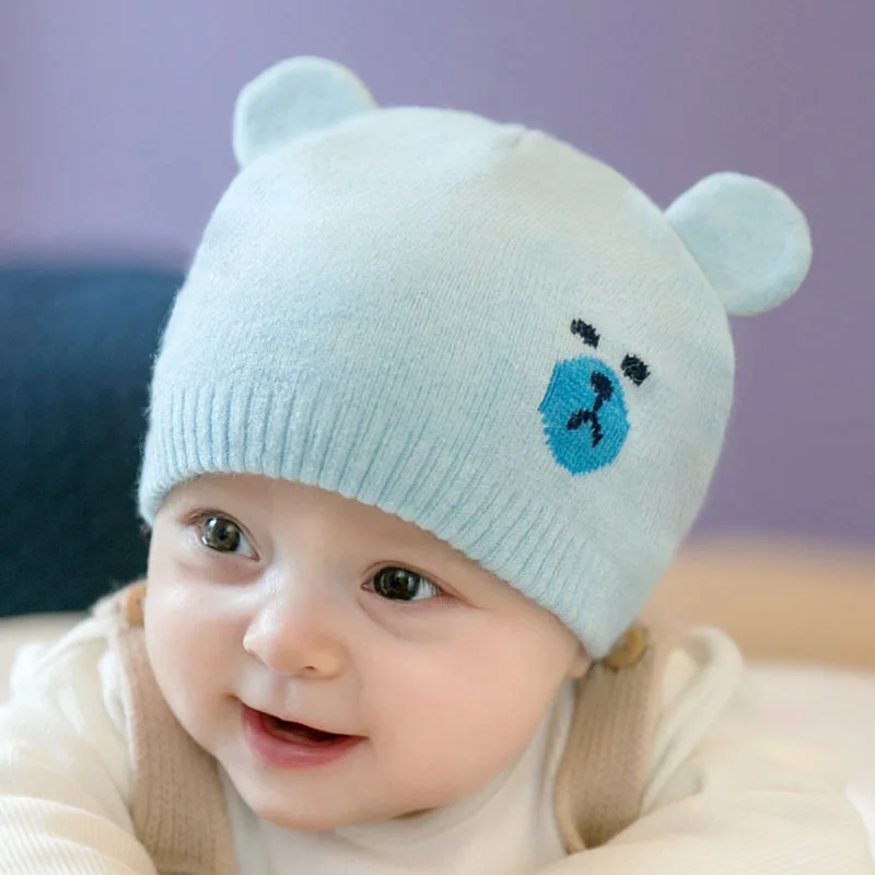 Зимние детские трикотажные шапки без полей шапки для девочек и мальчиков с милым рисунком медведя детские кепки с милыми ушками медведя детские шапки типа JN02 - Цвет: Light blue