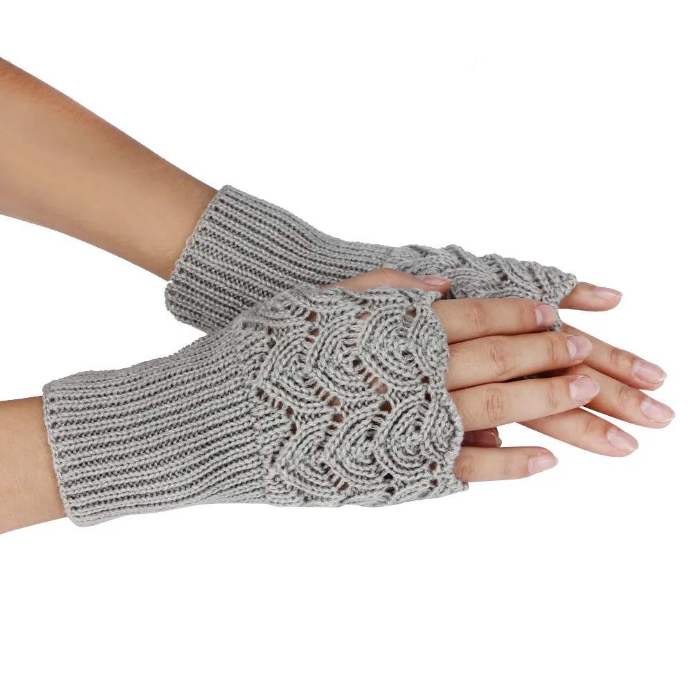 Вязаные перчатки без пальцев в форме сердца, вязаные перчатки для девушек, женские теплые зимние персиковые вязаные перчатки с сердечками#8 - Цвет: Серый
