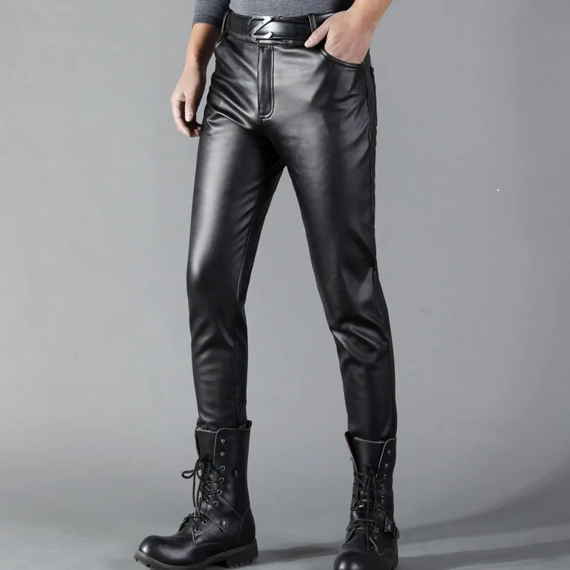 Thoshine Brand Summer Men Leather Pants Skinny Fit Elastic Style Fashion PU Leather Trousers Motorcycle Pants Thin Streetwear