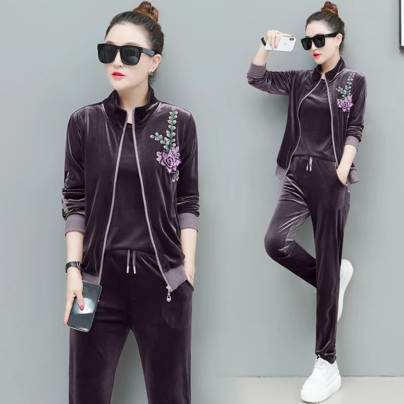 

Velvet Purple tracksuits women 3 piece set plus size large 4xl 5xl autumn winter outfits pants suits top coat warm coat clothes