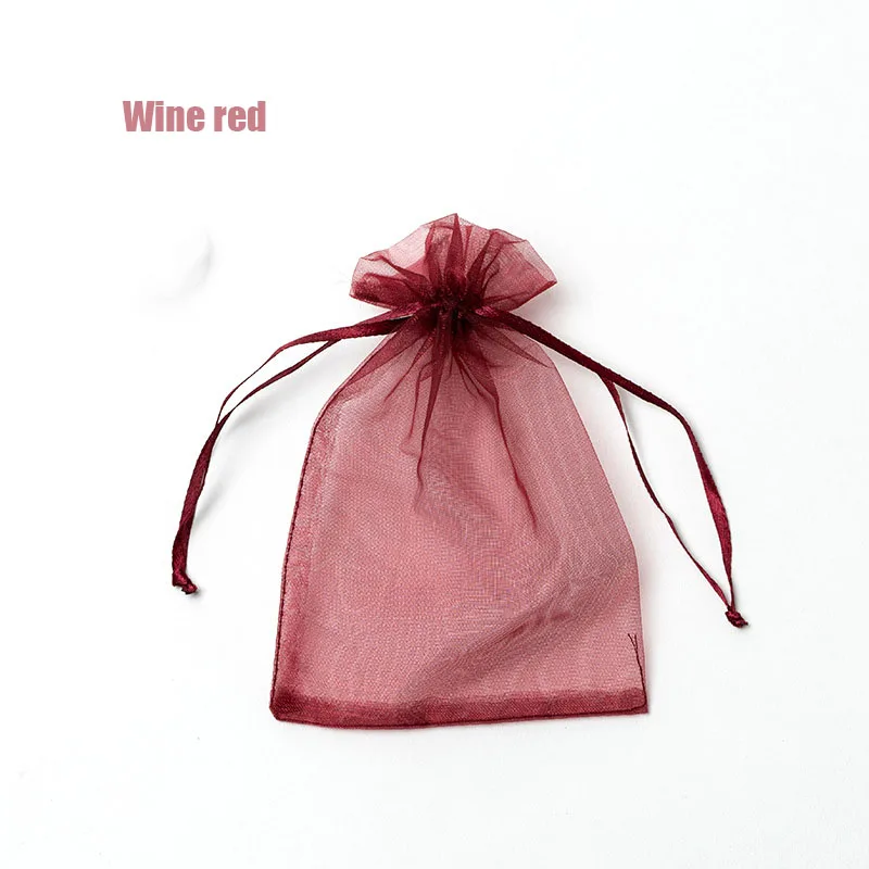 100 шт, 24 цвета, сумка для ювелирных изделий, 7x9, 9X12, 10x15, 13x18 см, свадебный подарочный мешочек из органзы, упаковка для ювелирных изделий, демонстрационные пакеты для ювелирных изделий M13 - Цвет: Wine Red